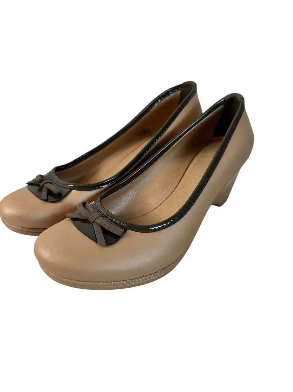 Crocs Lily Metallic Beige Bow Flats Brown Trim Rubber Comfort Shoes 8